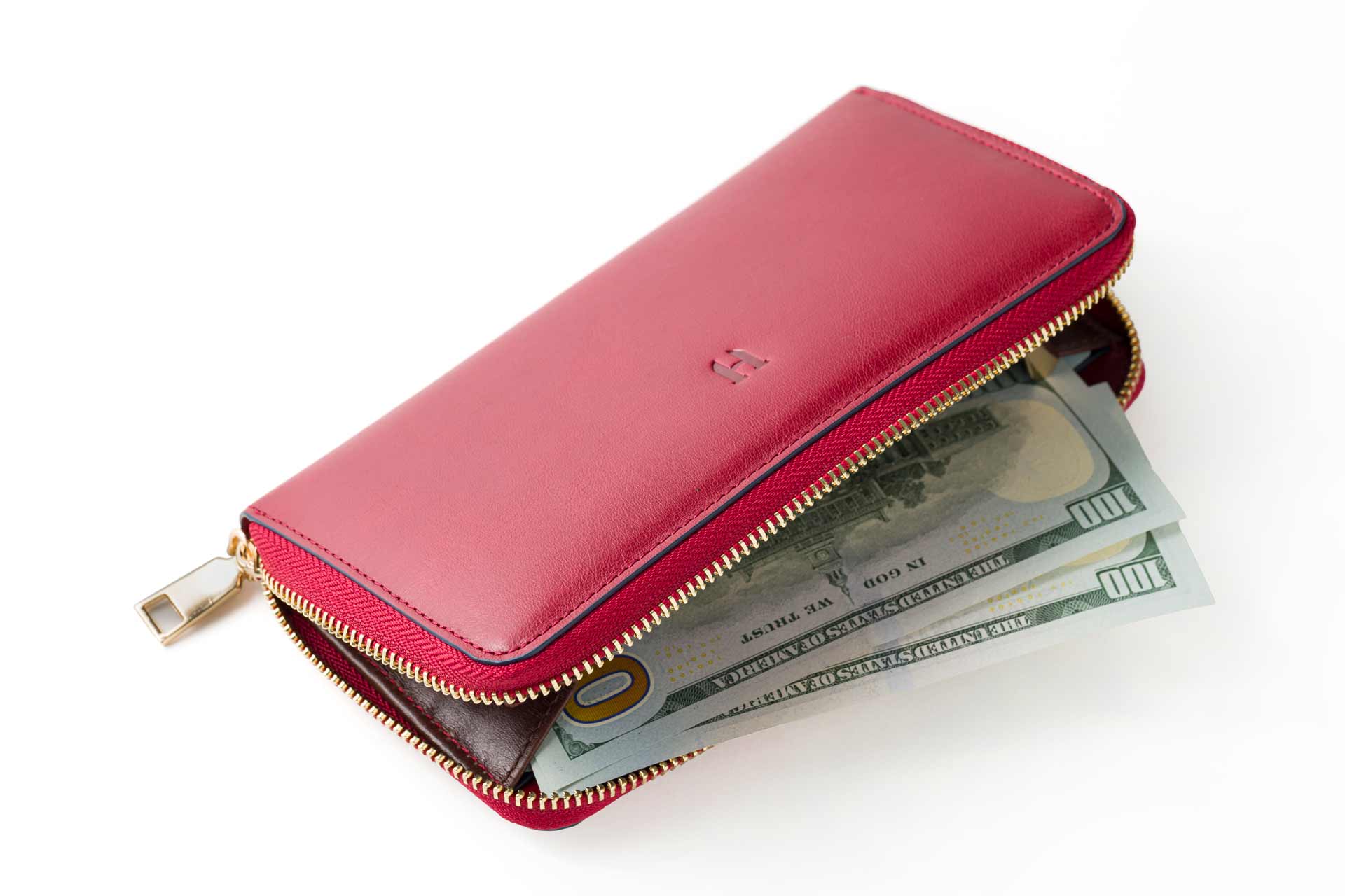 Lüks deri, RFID korumalı fermuarlı kadın cüzdanı, şık ve güvenli.